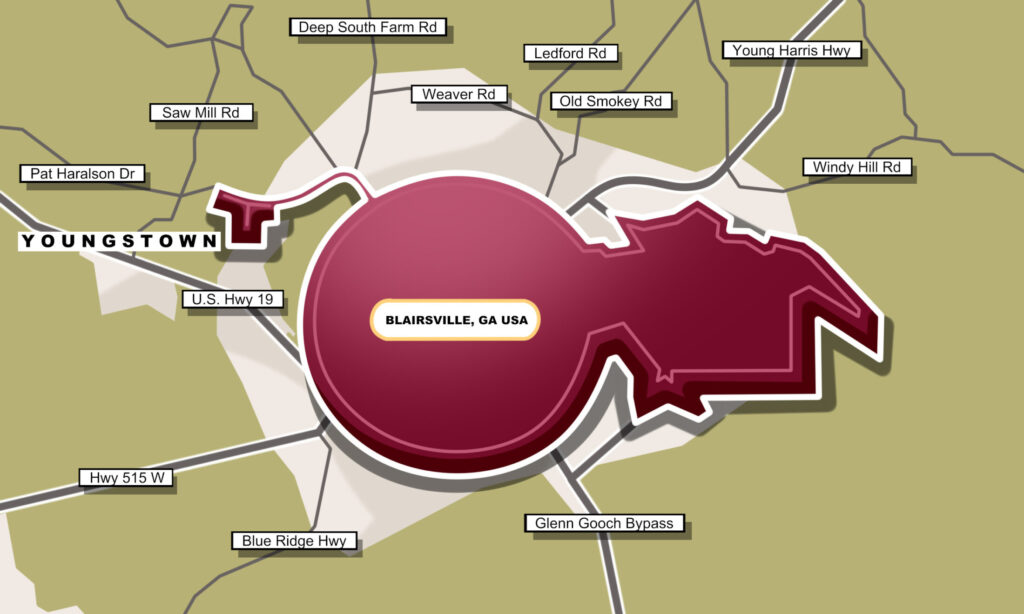 a drawn out map of Blairsville, GA