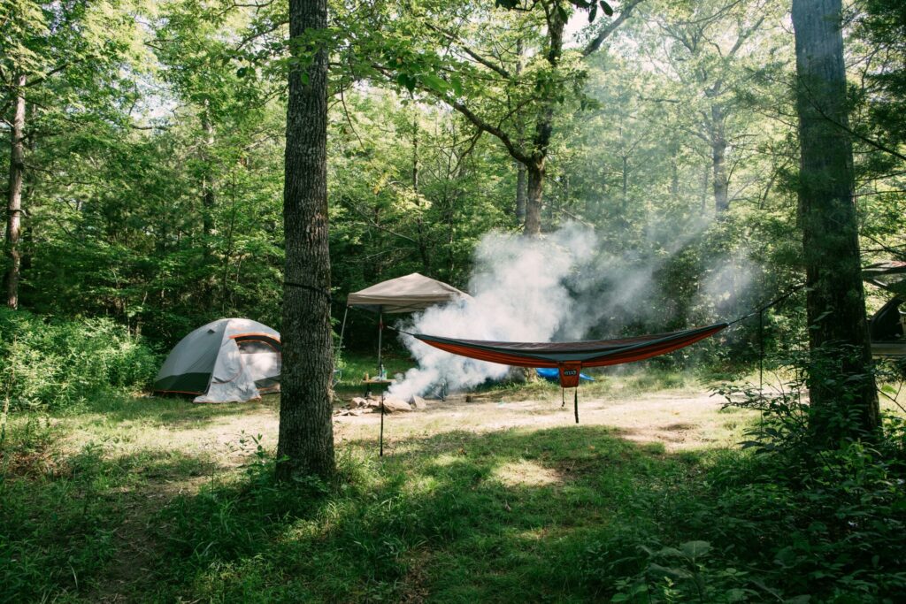 a photo of tent near a campfire in the woods