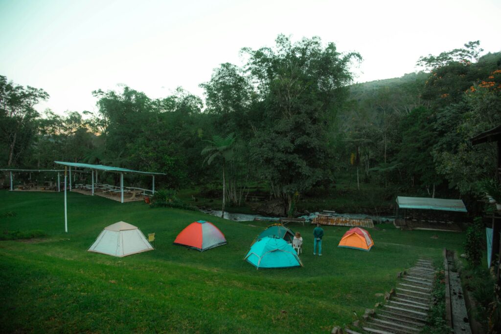 a group of tents on a lush green grass