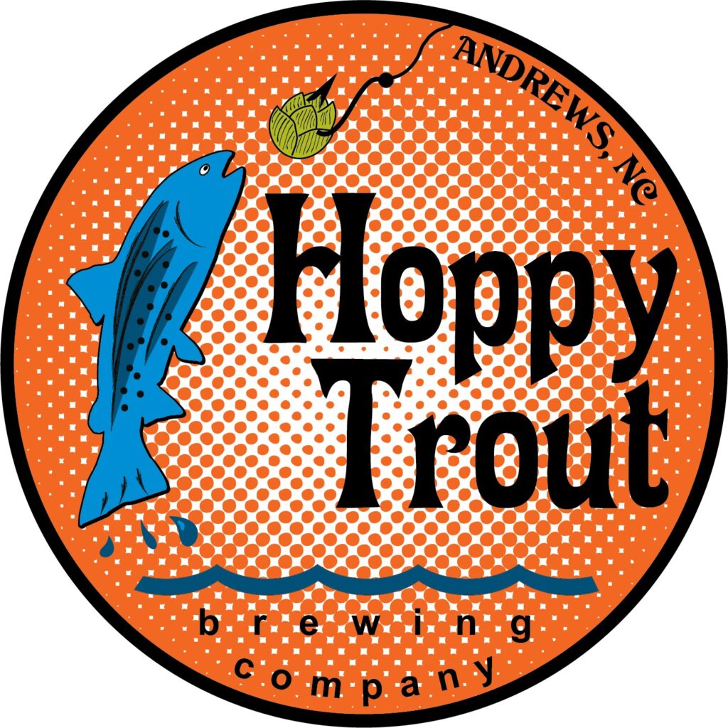 The logo for Hoppy Trout Brewing Company features a bright orange circular design with a blue trout fish jumping out of the water