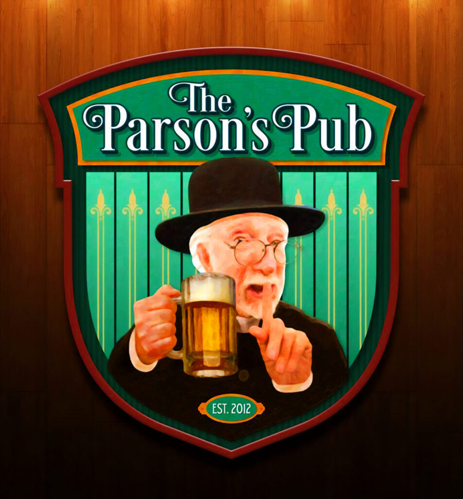 The logo for The Parson's Pub features an image of an elderly man wearing a black hat and glasses, holding a beer mug