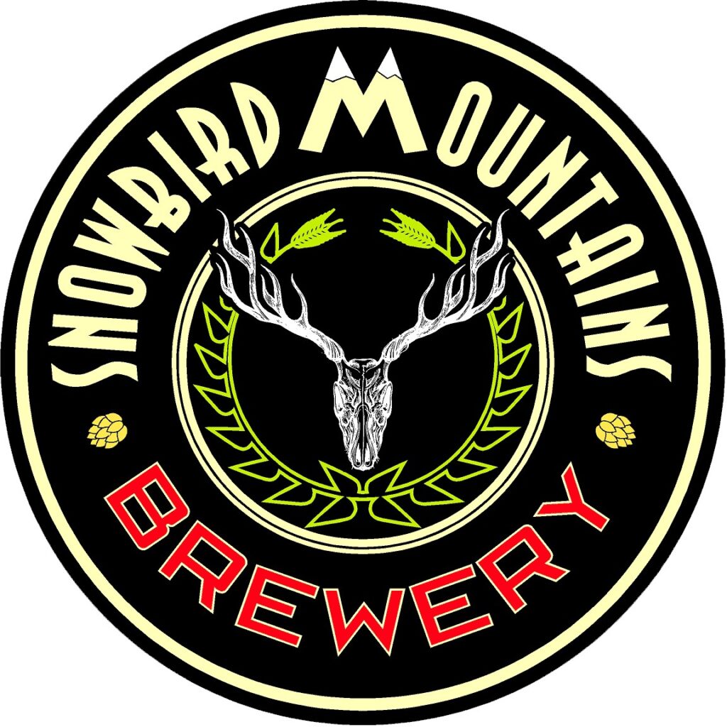 The logo for Snowbird Mountains Brewery features a bold design with a skull of a deer in the center, surrounded by a wreath of leaves