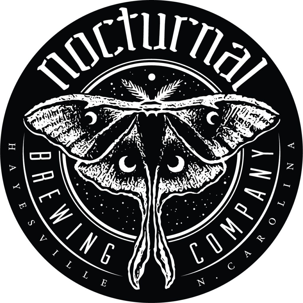 The logo for Nocturnal Brewing Company features a detailed illustration of a moth with crescent moons on its wings, set against a starry background