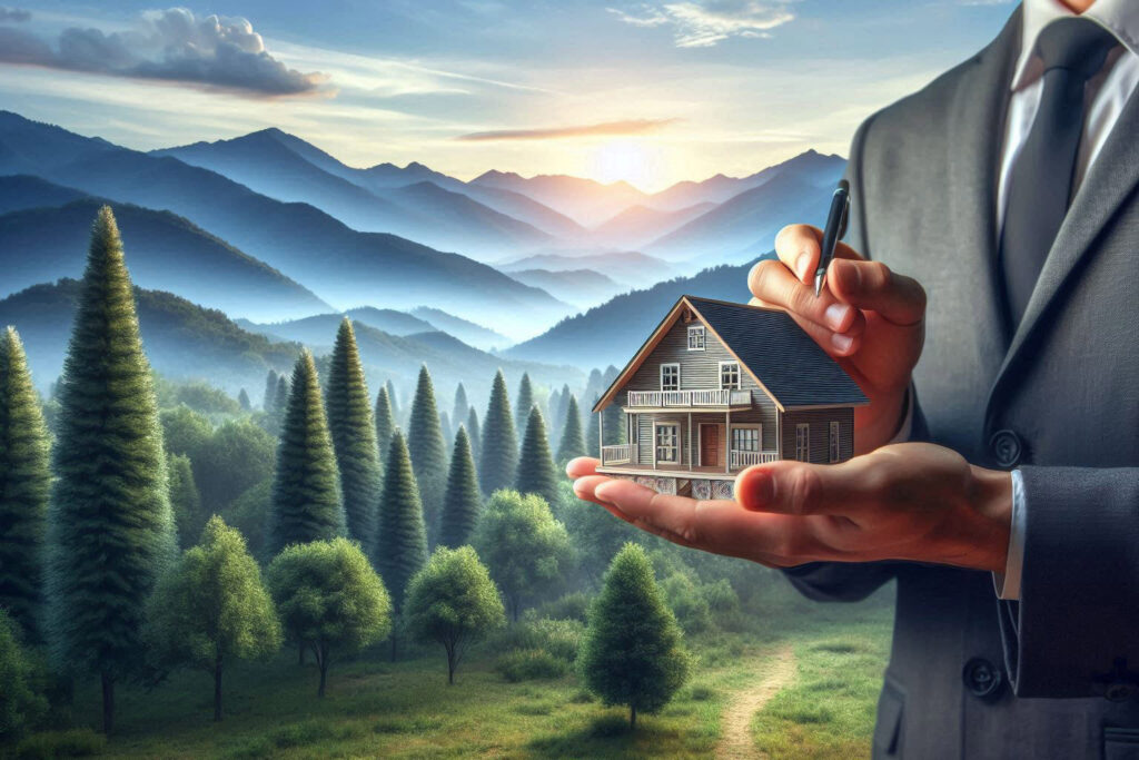 Realtor holding house graphic with NC mountain view