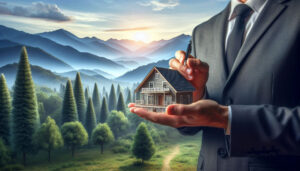 Realtor holding house graphic with NC mountain view