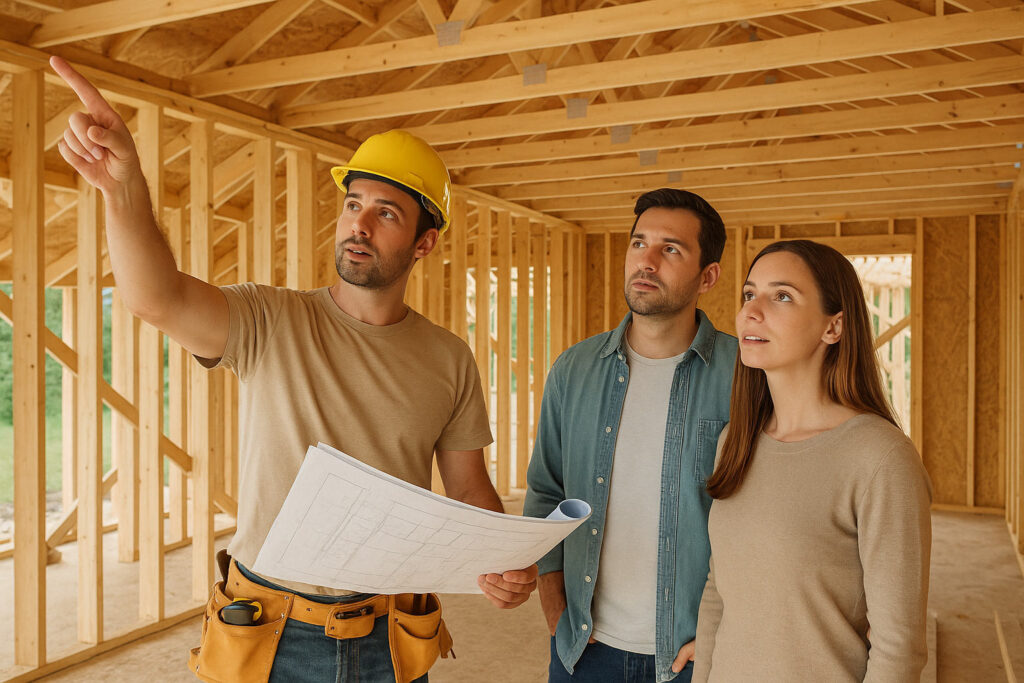 Contractor with plans discussing remodel with couple in Hayesville, NC, Blue Ridge Mountains, 2025