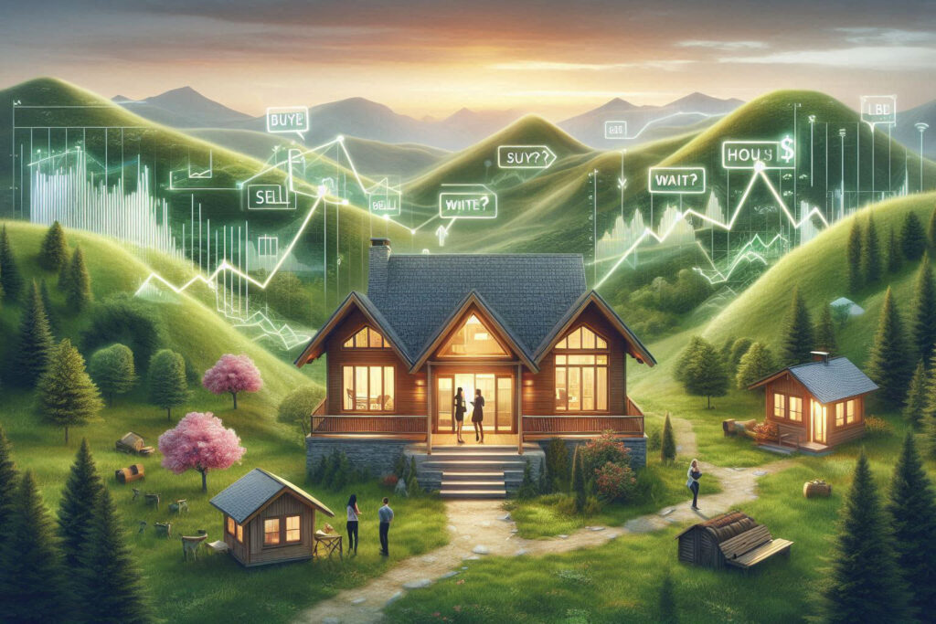 Mountain house in Cherokee County, NC, with couple and buy/sell/wait graph overlay for 2025 real estate market