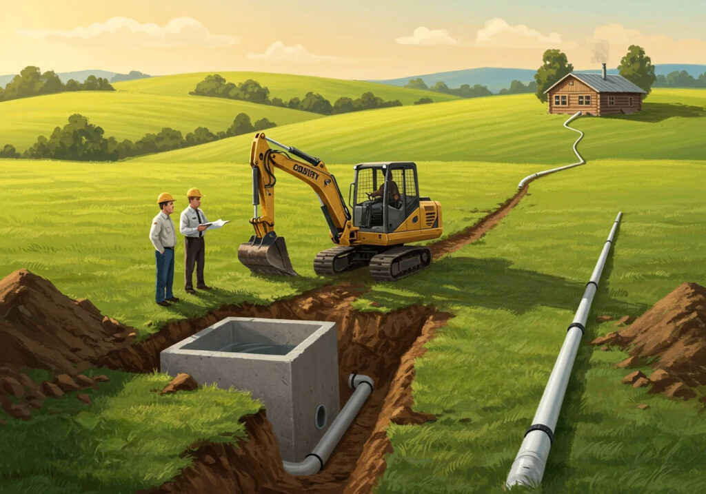 Homeowner inspecting septic system for GA and NC Mountain homes with Advantage Chatuge Realty agent