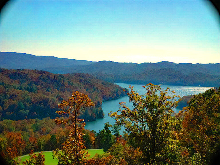 A high up view of a mountain lake